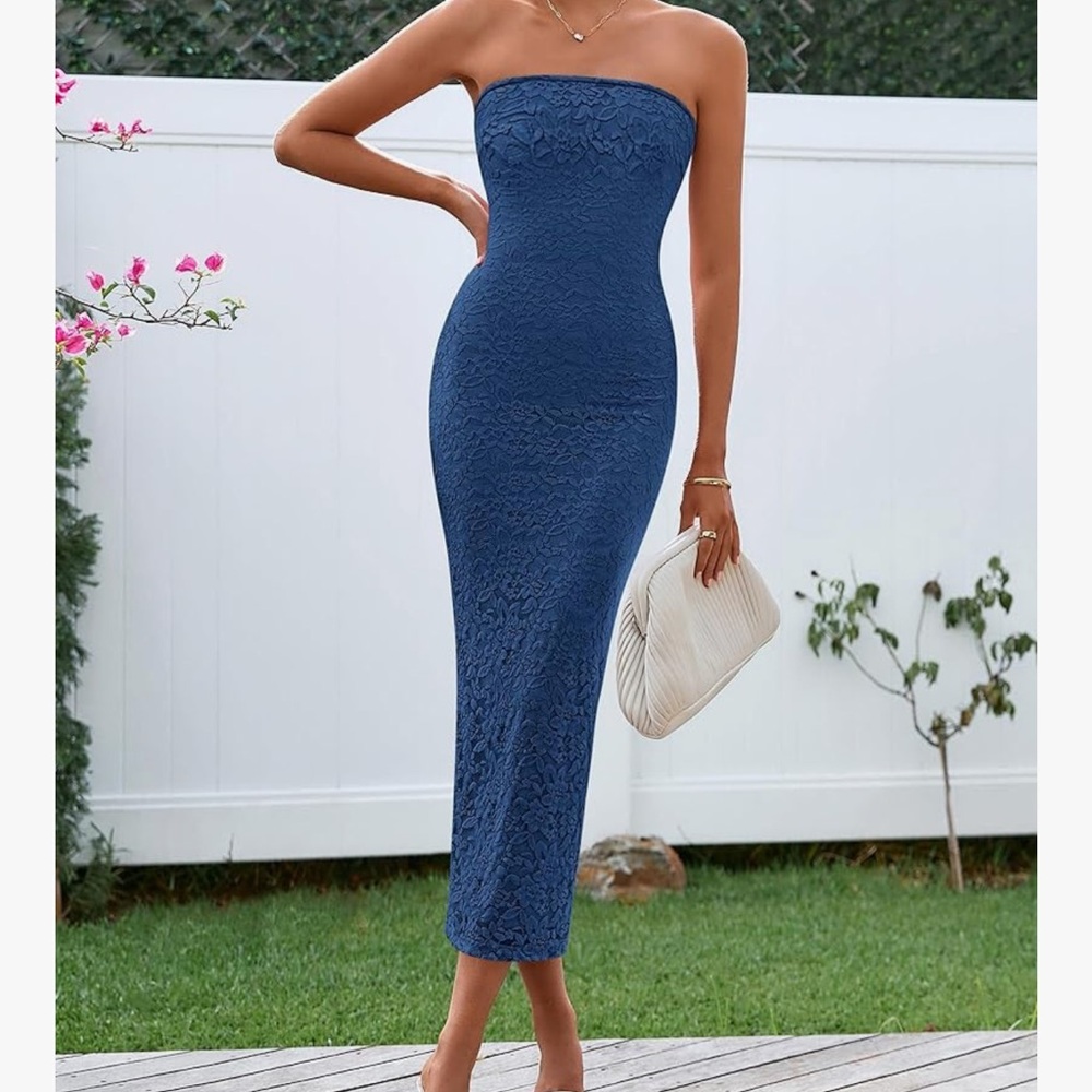 Chic Nation Strapless Navy Lace Dress